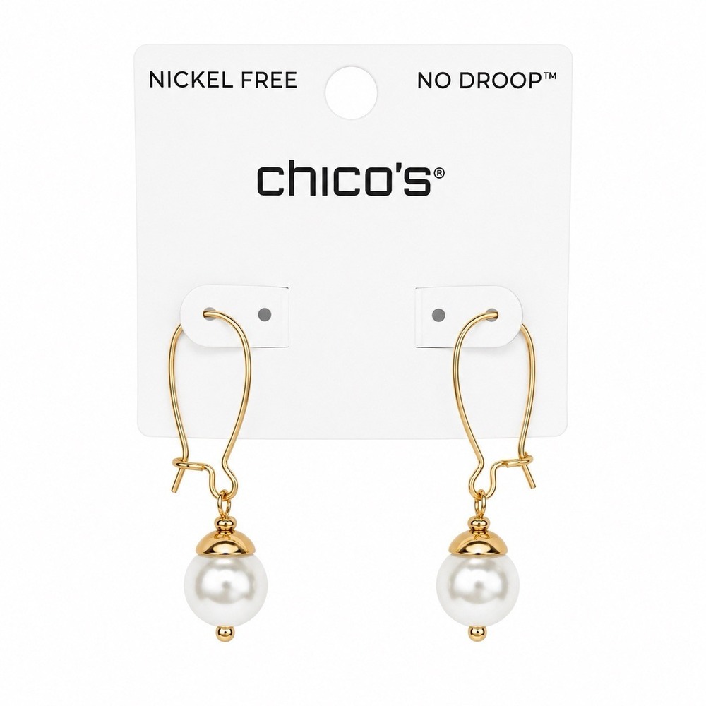 NWT Chico's Faux Pearl Gold Drop Earrings Nickel Free No Droop 2" Drop BRAND NEW